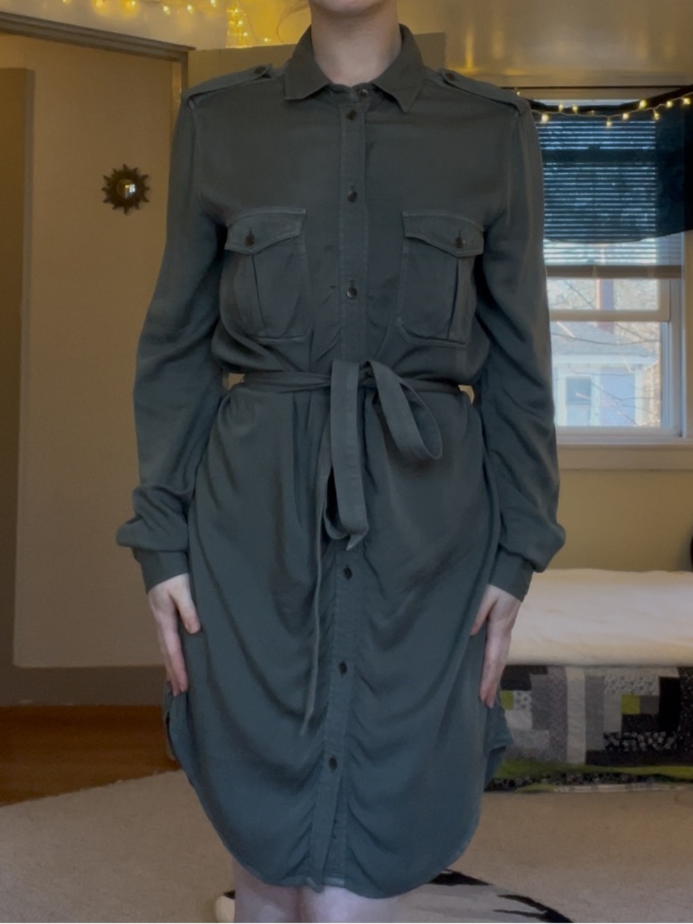 American Eagle Outfitters Olive Army Green Button Up Shirt Dress Tie Waist NWT - Picture 15 of 16